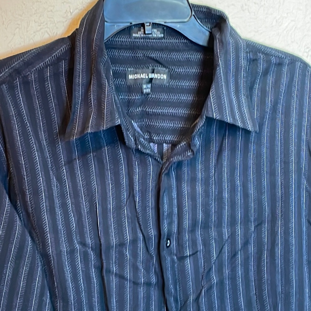 Michael Brandon Black With White Feathered Stripes Mens Button Down Shirt